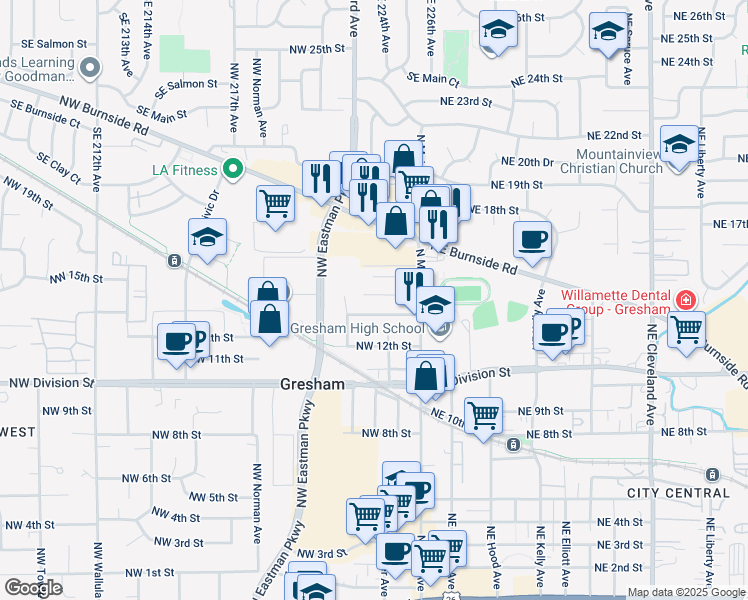 map of restaurants, bars, coffee shops, grocery stores, and more near 140 Northwest 14th Place in Gresham