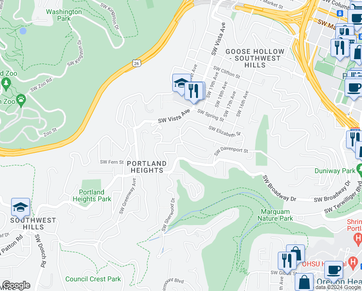 map of restaurants, bars, coffee shops, grocery stores, and more near 2604 Southwest Gerald Avenue in Portland