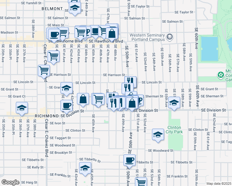 map of restaurants, bars, coffee shops, grocery stores, and more near 2222 Southeast 48th Avenue in Portland