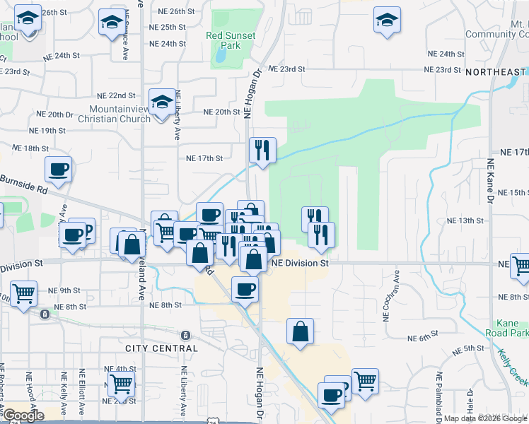 map of restaurants, bars, coffee shops, grocery stores, and more near 1322 Northeast Hogan Drive in Gresham