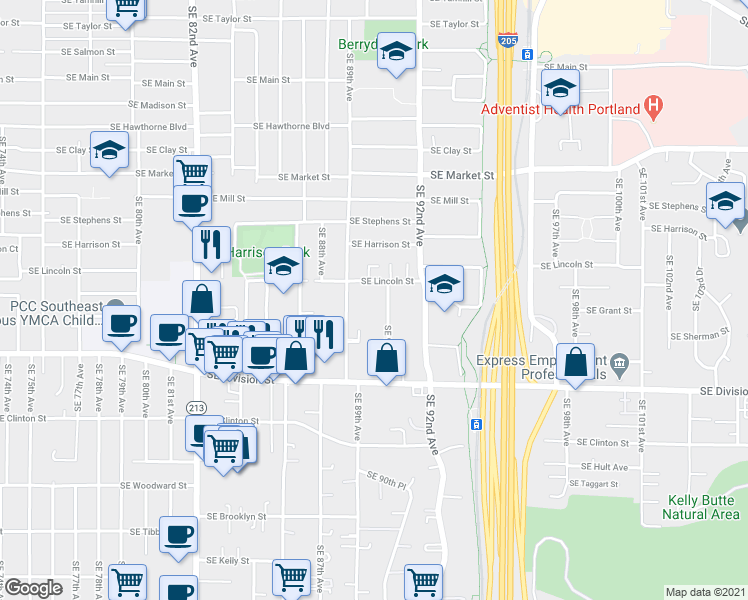map of restaurants, bars, coffee shops, grocery stores, and more near 2143 Southeast 90th Avenue in Portland