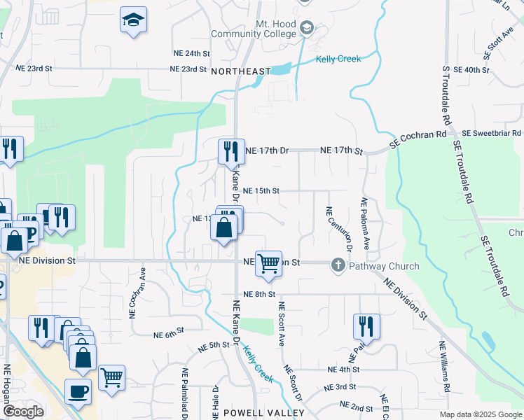 map of restaurants, bars, coffee shops, grocery stores, and more near 1406 Northeast Olvera Court in Gresham