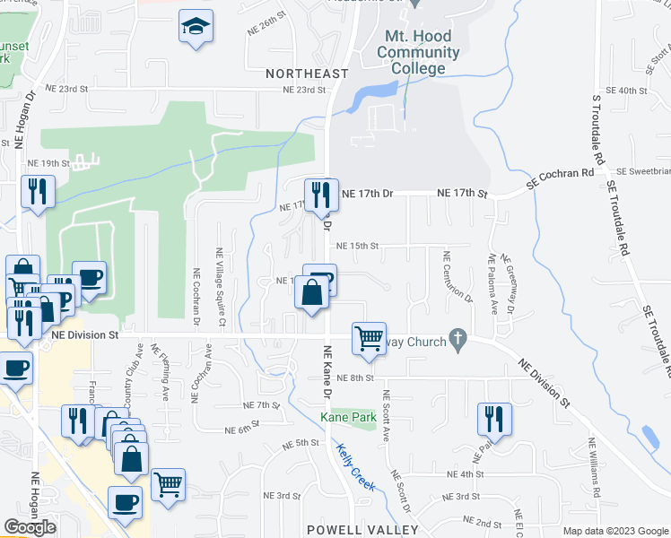 map of restaurants, bars, coffee shops, grocery stores, and more near 1300-1304 Northeast Kane Drive in Gresham