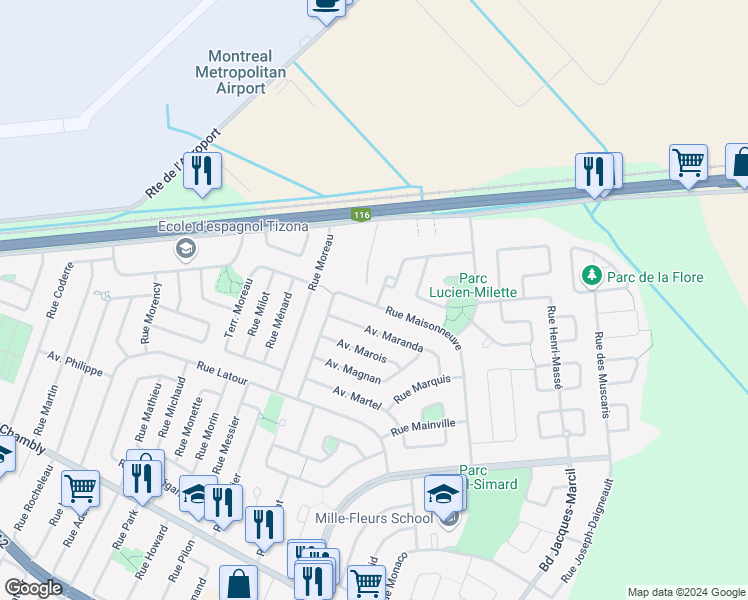 map of restaurants, bars, coffee shops, grocery stores, and more near 700 Rue Maisonneuve in Longueuil