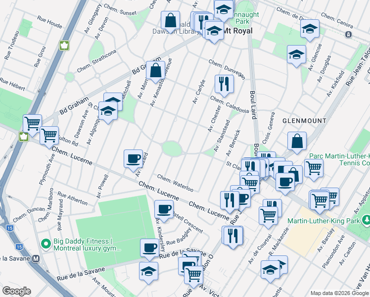 map of restaurants, bars, coffee shops, grocery stores, and more near 1325 Chemin Saint Clare in Mont-Royal