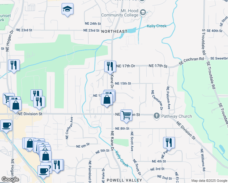 map of restaurants, bars, coffee shops, grocery stores, and more near 1304 Northeast Kane Drive in Gresham