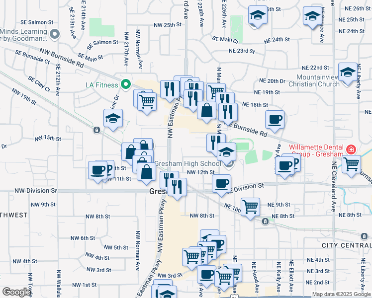 map of restaurants, bars, coffee shops, grocery stores, and more near 1325 Northwest Victoria Avenue in Gresham