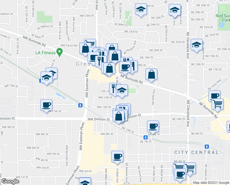 map of restaurants, bars, coffee shops, grocery stores, and more near 1331 North Main Avenue in Gresham