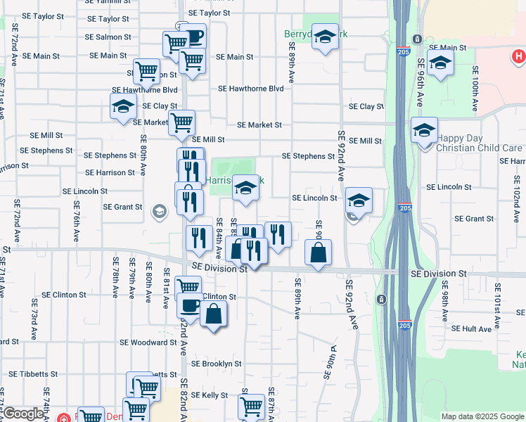 map of restaurants, bars, coffee shops, grocery stores, and more near 2208 Southeast 87th Avenue in Portland