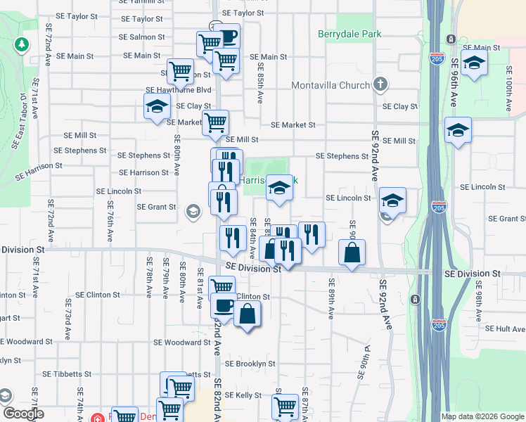 map of restaurants, bars, coffee shops, grocery stores, and more near 2213 Southeast 85th Avenue in Portland