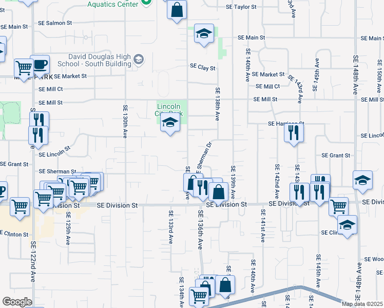 map of restaurants, bars, coffee shops, grocery stores, and more near 2160 SE 135th Ave in Portland