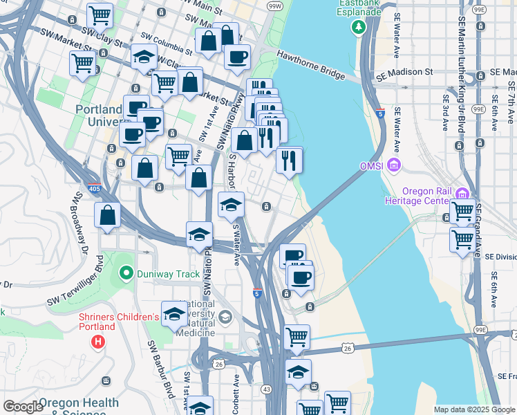 map of restaurants, bars, coffee shops, grocery stores, and more near 2095 South River Parkway in Portland