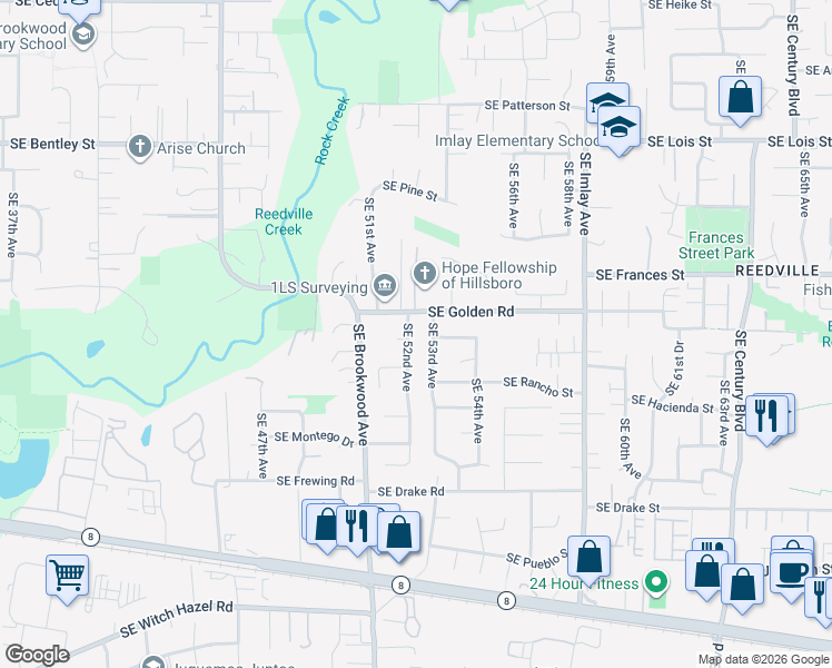 map of restaurants, bars, coffee shops, grocery stores, and more near 1680 Southeast 52nd Avenue in Hillsboro