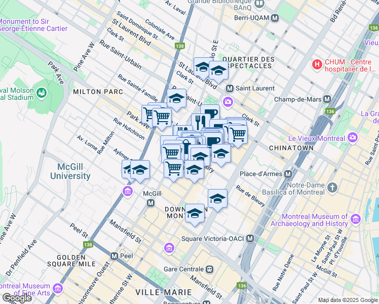 map of restaurants, bars, coffee shops, grocery stores, and more near in Montréal