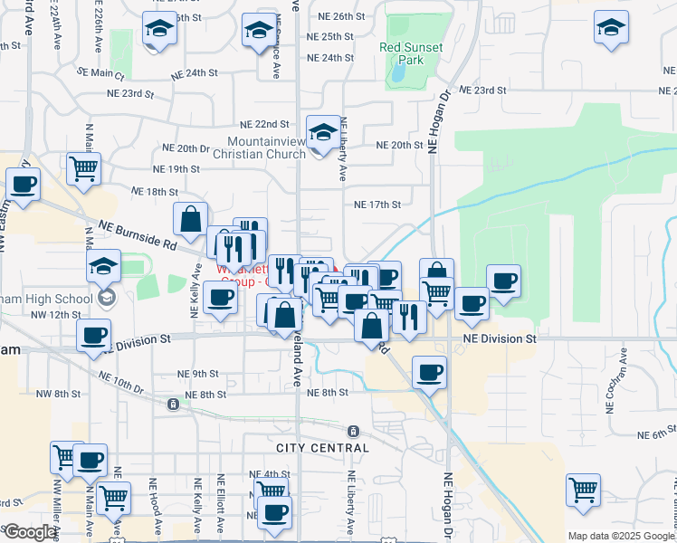 map of restaurants, bars, coffee shops, grocery stores, and more near 1245 Northeast 14th Lane in Gresham