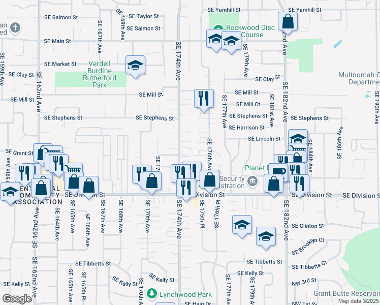 map of restaurants, bars, coffee shops, grocery stores, and more near 17429 Southeast Grant Lane in Portland