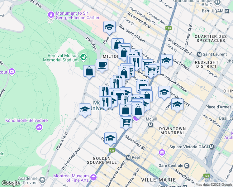 map of restaurants, bars, coffee shops, grocery stores, and more near 625 Rue Milton in Montréal