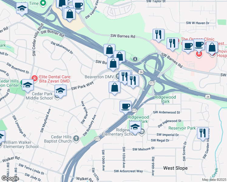 map of restaurants, bars, coffee shops, grocery stores, and more near 1790 Southwest Marlow Avenue in Portland