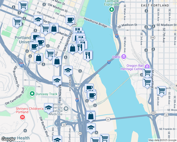 map of restaurants, bars, coffee shops, grocery stores, and more near 2100 Southwest River Parkway in Portland