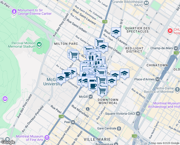 map of restaurants, bars, coffee shops, grocery stores, and more near 420 Rue Sherbrooke Ouest in Montréal