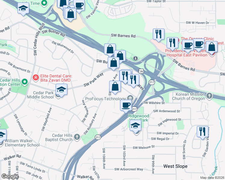 map of restaurants, bars, coffee shops, grocery stores, and more near 1800 Southwest Marlow Avenue in Portland