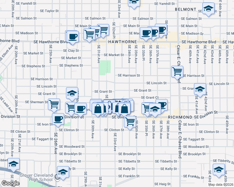 map of restaurants, bars, coffee shops, grocery stores, and more near 3284 Southeast Grant Street in Portland