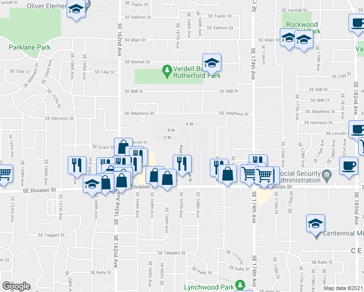map of restaurants, bars, coffee shops, grocery stores, and more near 16815 Southeast Division Street in Portland