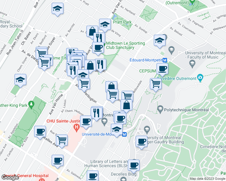map of restaurants, bars, coffee shops, grocery stores, and more near 2605 Chemin de la Côte-Sainte-Catherine in Montreal