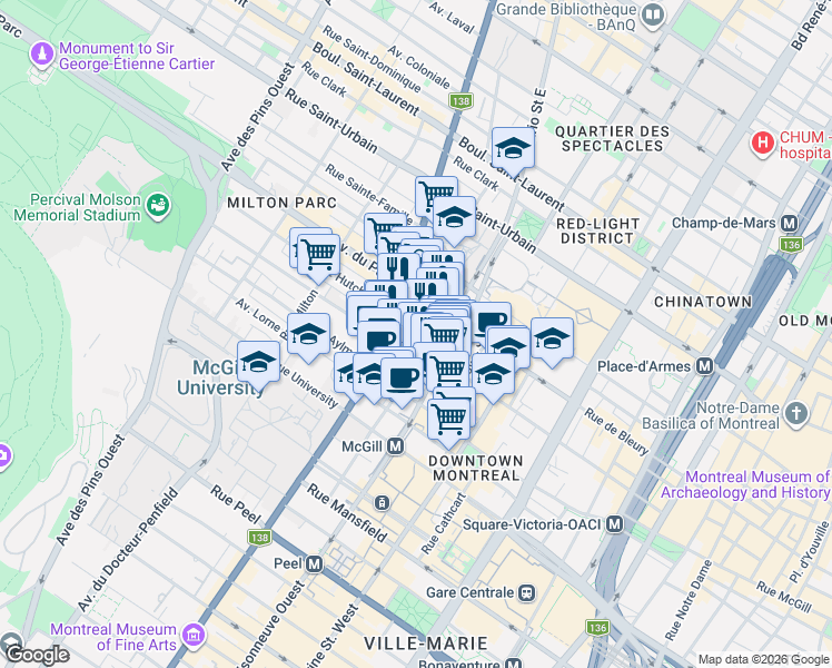 map of restaurants, bars, coffee shops, grocery stores, and more near 405 Rue de la Concorde in Montréal
