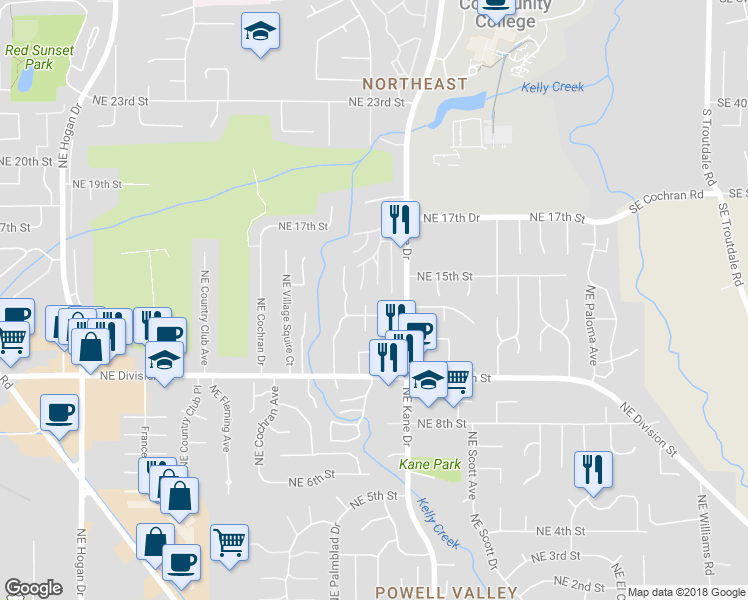 map of restaurants, bars, coffee shops, grocery stores, and more near 1372 Northeast Hale Place in Gresham