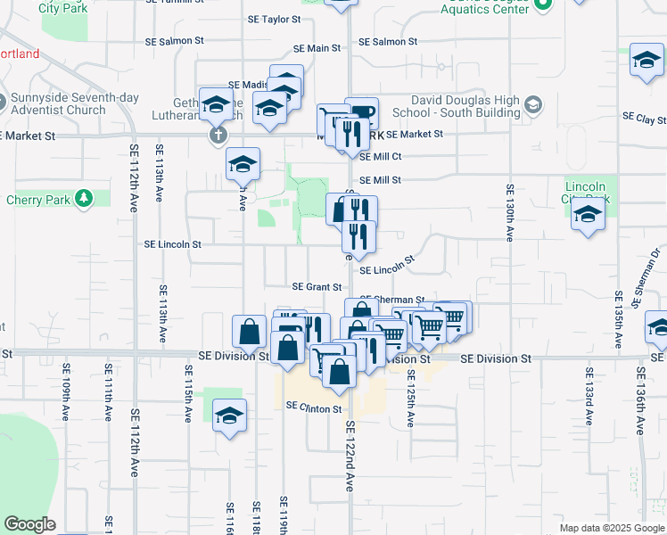 map of restaurants, bars, coffee shops, grocery stores, and more near 2135 Southeast 122nd Avenue in Portland