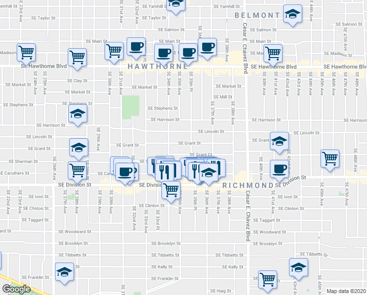 map of restaurants, bars, coffee shops, grocery stores, and more near 2215 Southeast 35th Place in Portland