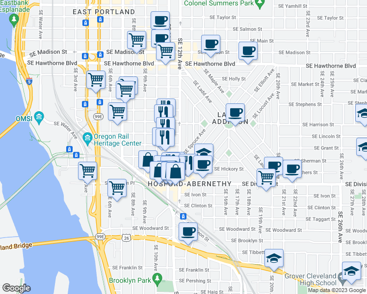 map of restaurants, bars, coffee shops, grocery stores, and more near 2212 Southeast 12th Avenue in Portland