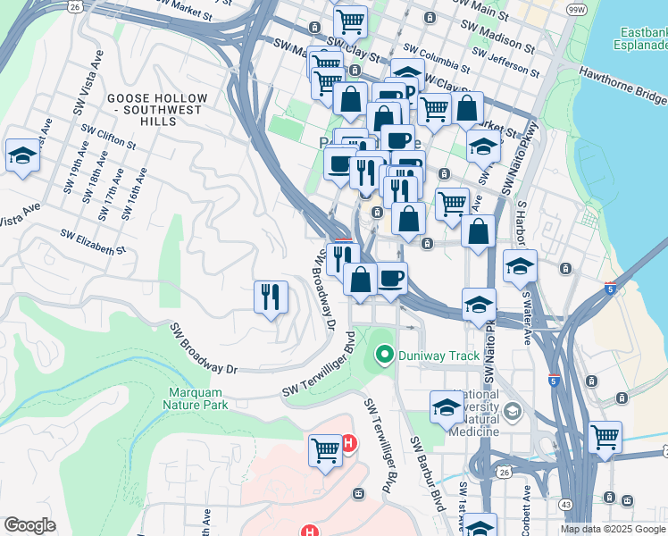 map of restaurants, bars, coffee shops, grocery stores, and more near 623 Southwest Sherman Street in Portland