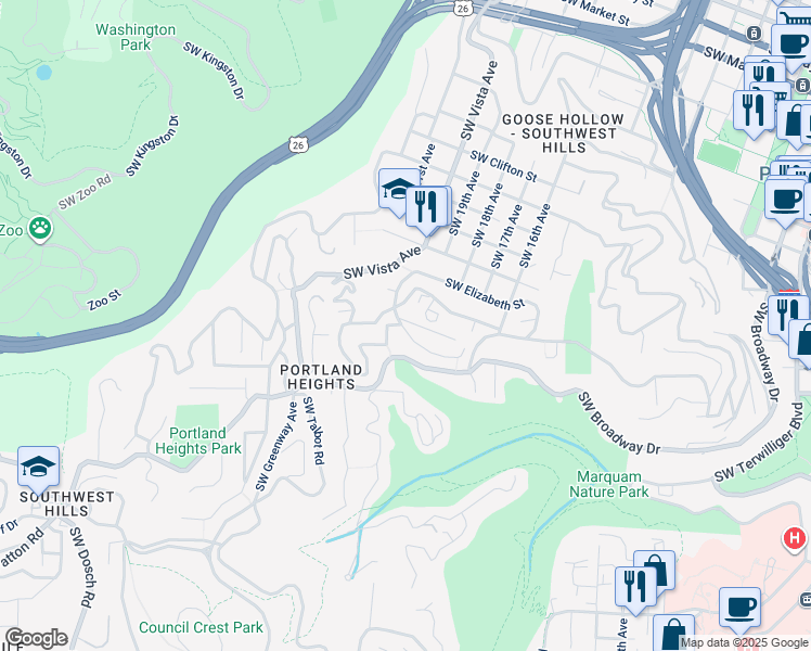 map of restaurants, bars, coffee shops, grocery stores, and more near 2604 Southwest Gerald Avenue in Portland