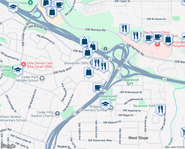 map of restaurants, bars, coffee shops, grocery stores, and more near 1800 Southwest Marlow Avenue in Portland