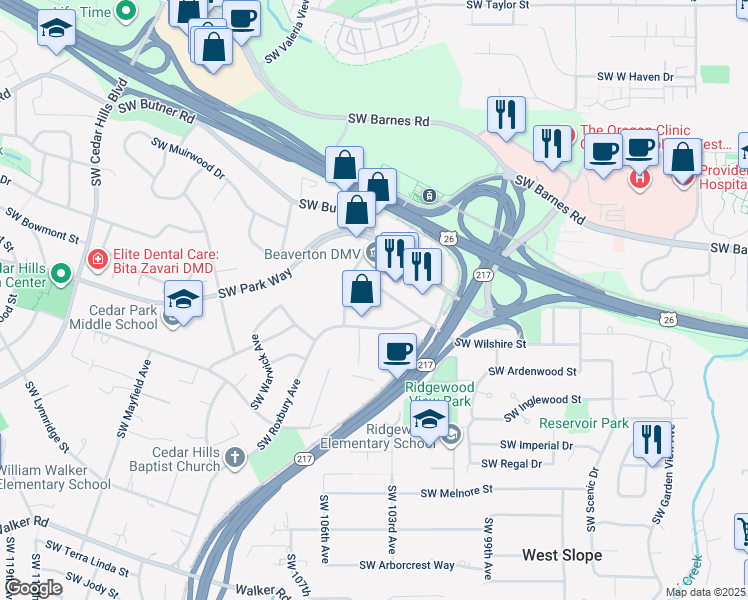 map of restaurants, bars, coffee shops, grocery stores, and more near 1800 Southwest Marlow Avenue in Portland