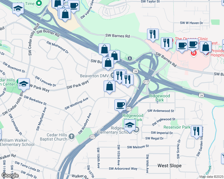 map of restaurants, bars, coffee shops, grocery stores, and more near 1800 Southwest Marlow Avenue in Portland