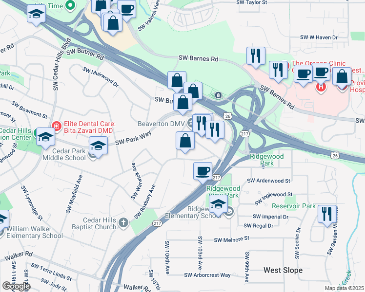 map of restaurants, bars, coffee shops, grocery stores, and more near 1800 Southwest Marlow Avenue in Portland