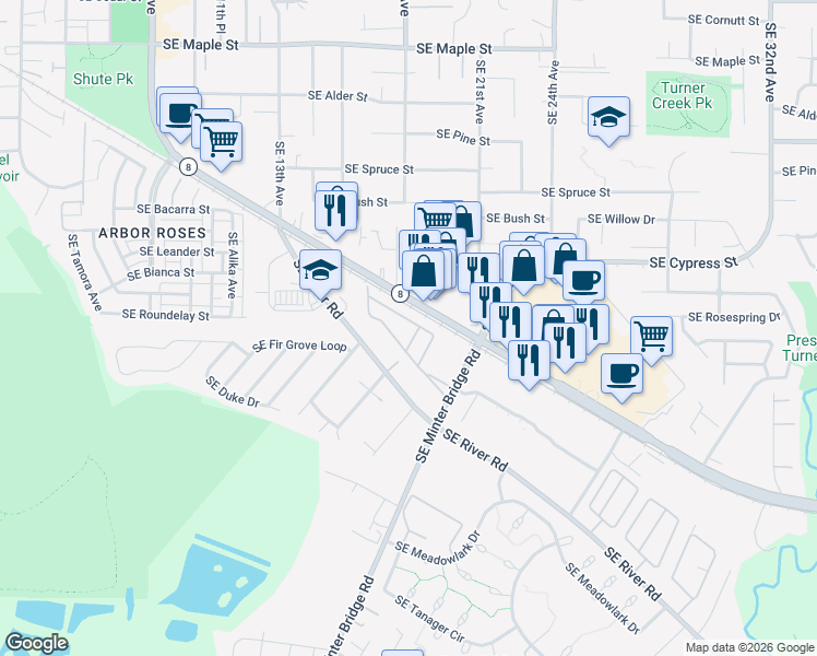 map of restaurants, bars, coffee shops, grocery stores, and more near 1901 Southeast Minter Bridge Road in Hillsboro