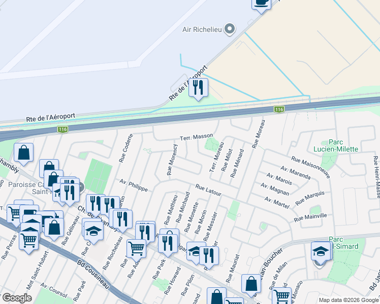 map of restaurants, bars, coffee shops, grocery stores, and more near 817 Rue Moquin in Longueuil