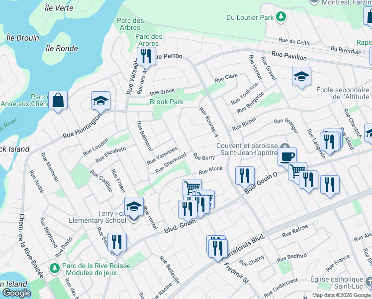 map of restaurants, bars, coffee shops, grocery stores, and more near 13081 Rue Sherwood in Montréal