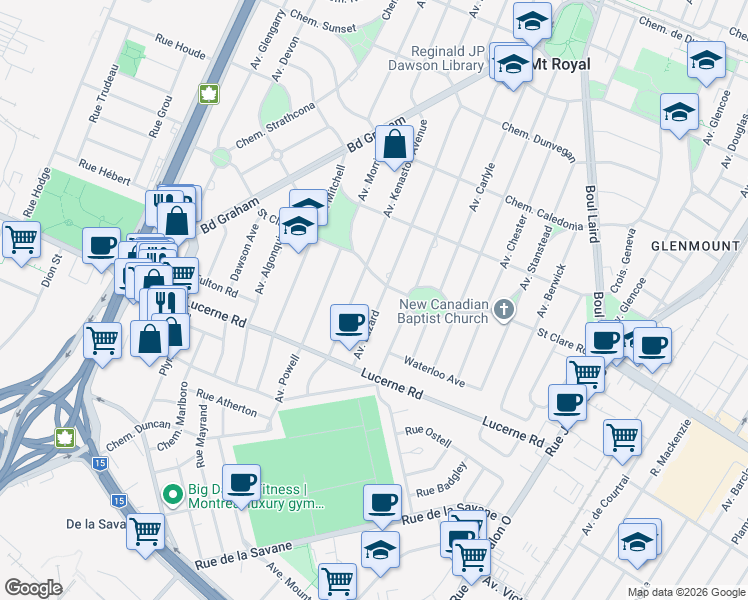 map of restaurants, bars, coffee shops, grocery stores, and more near 519 Avenue Lazard in Mont-Royal