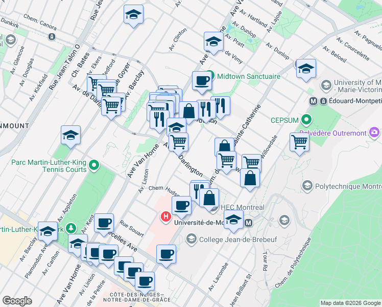 map of restaurants, bars, coffee shops, grocery stores, and more near 2708 Avenue de Soissons in Montréal