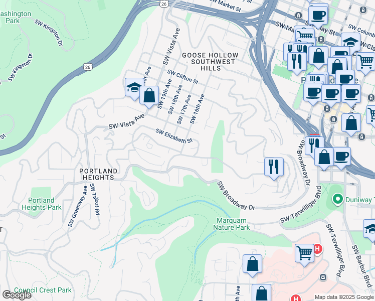 map of restaurants, bars, coffee shops, grocery stores, and more near 1540 Southwest Elizabeth Court in Portland