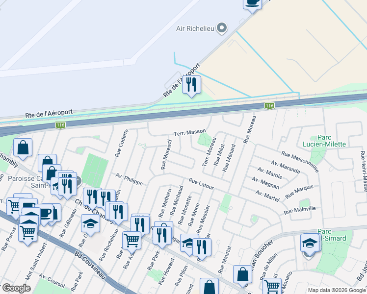 map of restaurants, bars, coffee shops, grocery stores, and more near 817 Rue Moquin in Longueuil