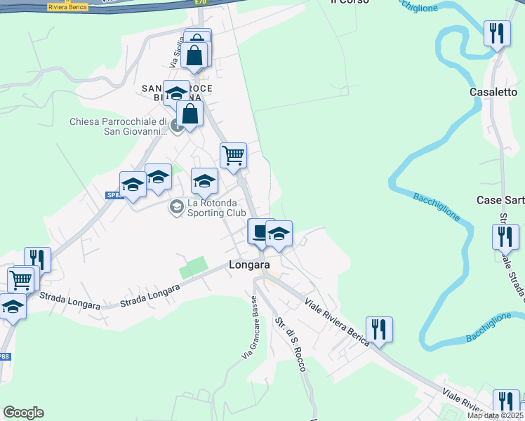 map of restaurants, bars, coffee shops, grocery stores, and more near 611 Viale Riviera Berica in Vicenza