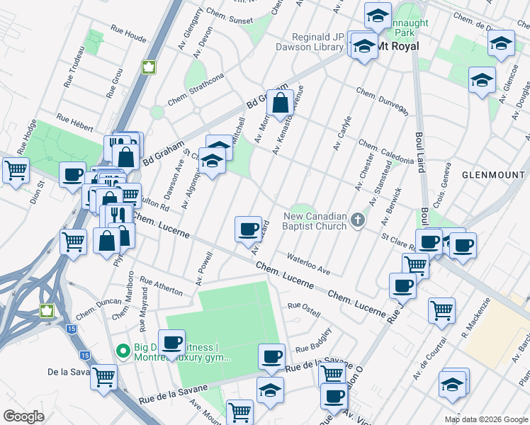 map of restaurants, bars, coffee shops, grocery stores, and more near 519 Avenue Lazard in Mont-Royal