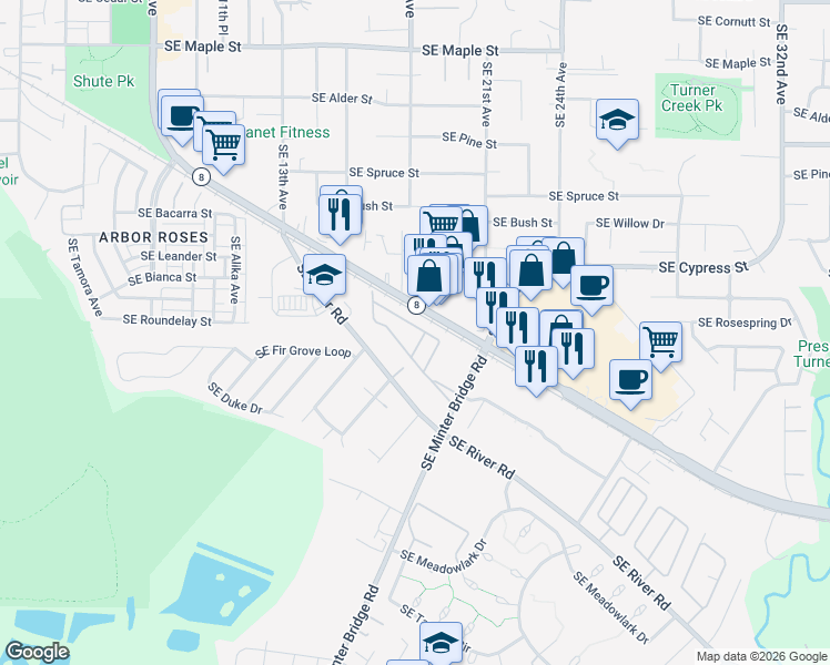 map of restaurants, bars, coffee shops, grocery stores, and more near 1901 Southeast Minter Bridge Road in Hillsboro