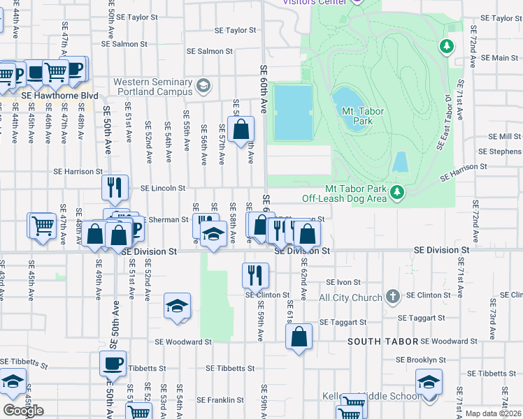map of restaurants, bars, coffee shops, grocery stores, and more near 2213 Southeast 60th Avenue in Portland